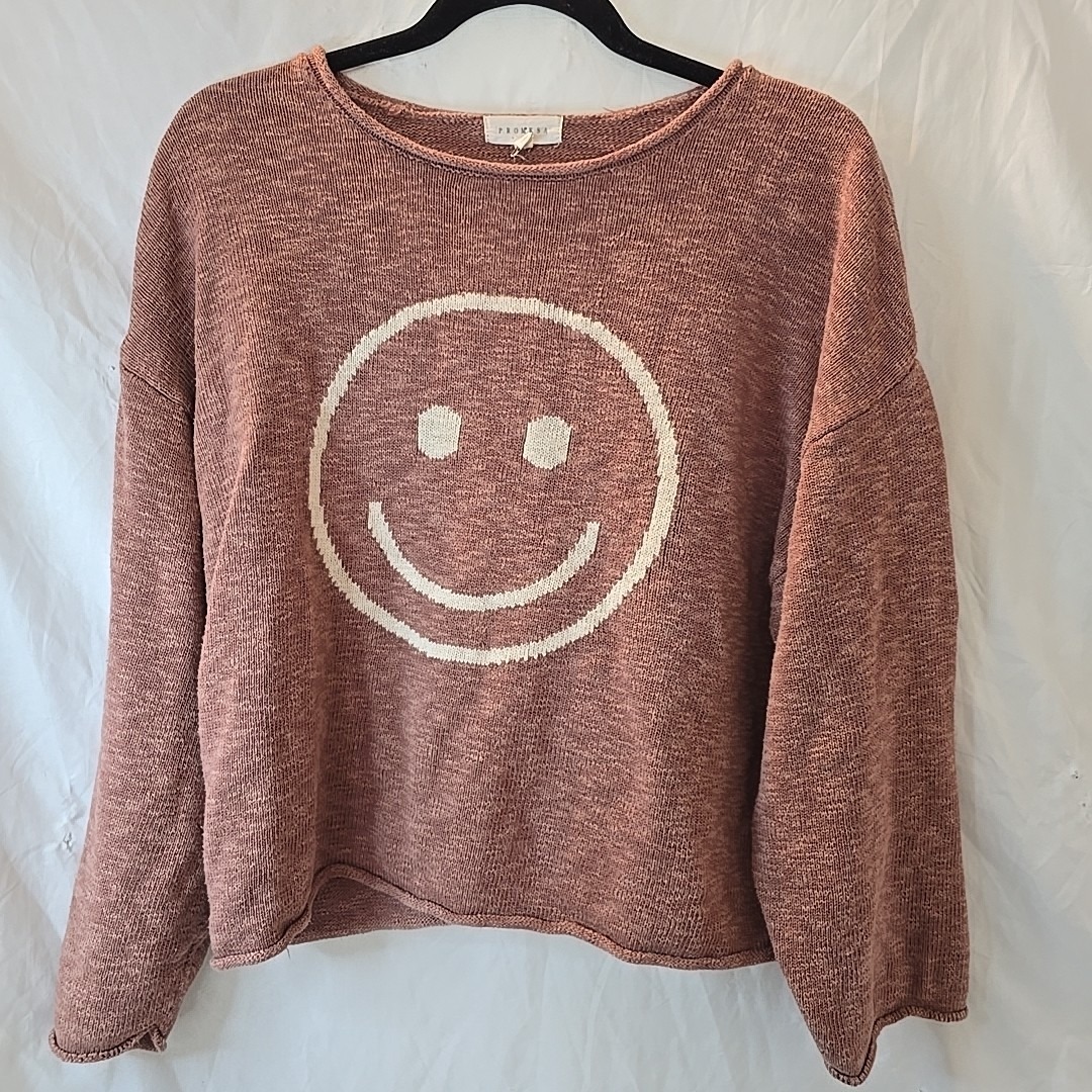 Promesa "Made You Smile" Face Sweater Oversized Cropped Rolled Hem Mauve Sz M